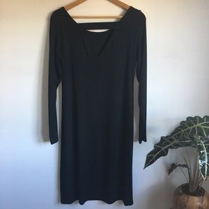 Eileen Fisher V Back Long Sleeve Black Swing Dress